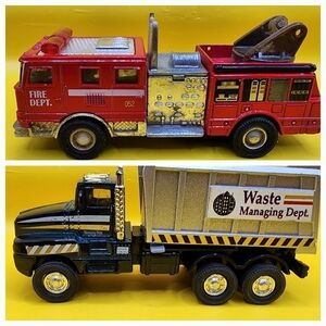 2 Schylling Die Cast Trucks Fire Dept Engine Sanitation Trash Truck 5 inch